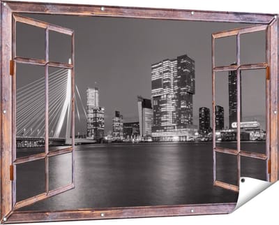 Gards Tuinposter Doorkijk Rotterdamse Skyline - Zwart Wit - 150x100 cm - Tuindoek - Tuindecoratie - Wanddecoratie buiten - Tuinschilderij