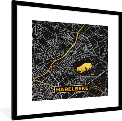 Fotolijst incl. Poster - Stadskaart - Harelbeke - Plattegrond - Goud - Kaart - 40x40 cm - Posterlijst