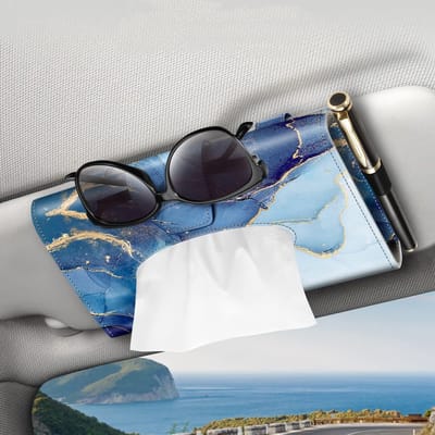 Dailygoods - CaseBot Autovizier Zakdoekhouder - Universele Zonnevizier Organizer voor Servetten, Mondmaskers & Tissues - PU Kunstleer Opbergbox voor Auto, SUV en Vrachtwagen, (Marmer Blauw)
