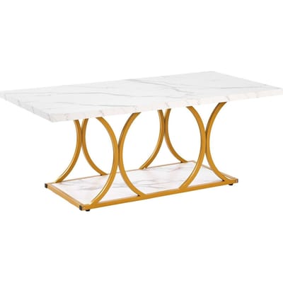 Salontafel, Moderne Salontafel van Kunstmarmer, Grote Rechthoekige Center Tafel met 2 Verdiepingen en Geometrische Poten, Minimalistisch Stevig Metalen Frame Bijzettafel