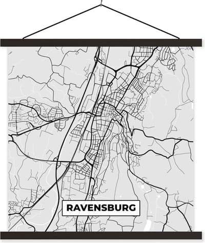 Posterhanger incl. Poster 60x60 cm - Schoolplaat - Duitsland - Stadskaart - Plattegrond - Ravensburg - Kaart - Textielposter - Zwarte latten - Stadskaart