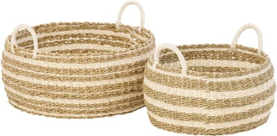 J-Line mand Gestreept - ijzer/papier - wit/naturel - set van 2