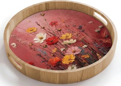 Dienblad rond 40x40 cm - Schootdienblad hout - Bloemenboeket - Diepte - Tastbare textuur - Borrelplank rechthoek - Plateau houten dienbladen