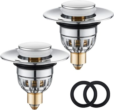Pop-up wastafelpluggen 2-pack, universele afvoerstopper van roestvrij staal en messing, haarvanger en afvoerfilter voor badkamer en keuken (34-38mm)