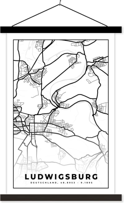 Posterhanger incl. Poster 40x60 cm - Schoolplaat - Stadskaart - Plattegrond - Ludwigsburg - Kaart - Textielposter - Zwarte latten - Stadskaart
