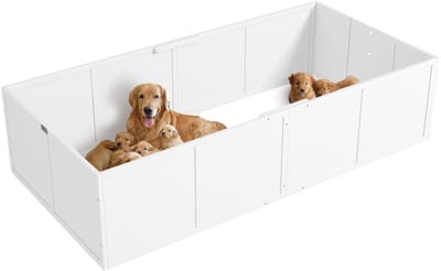 PawHut Wurfkiste für Welpen, Rutschfest Welpen-Wurfbox, Welpenlaufstall mit verstellbar Tür, Hundelaufstall, Welpenauslauf für kleine bis große Hunde, 196x96x48 cm, Weiß