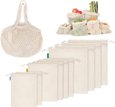 Herbruikbare fruit- en groentenzakken set - 11-delig - katoenen boodschappentas - plasticvrij - groentennet - wasbaar - S 2x M 4x L 4x - broodzak