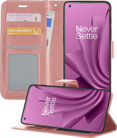 Hoesje - Met Pasjeshouder - Geschikt voor OnePlus 10 Pro - Luxe Bookcase Portemonee - Flip Case - Kunstleer Book Case - Flipcase - Book Cover - Walletcase - Portemonneehoes - Telefoonhoesjes - Rosé goud