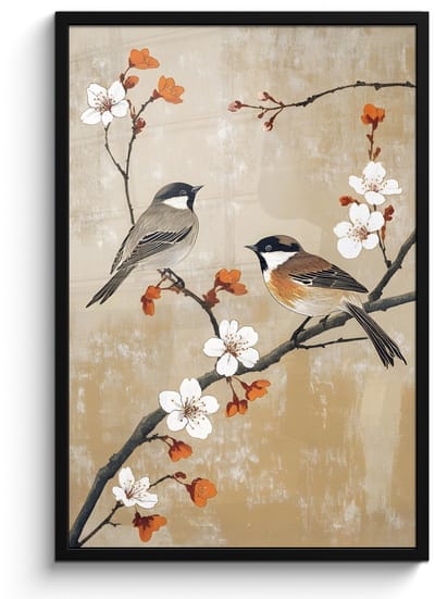 Poster in lijst - Fotolijst 60x90 cm - Posters - Vogels - Bloesemtak - Bloemen - Oranje - Posterlijst zwart - Decoratie - Wanddecoratie woonkamer - Muurdecoratie slaapkamer