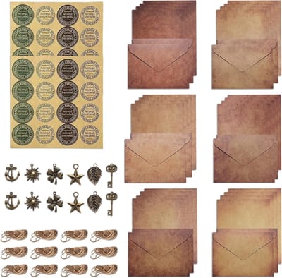 Vintage Briefpapier Set met 24 Vellen, 12 Enveloppen, 12 Retro HANGs en 32 Stickers voor Creatief Gebruik en Kantooraccessoires