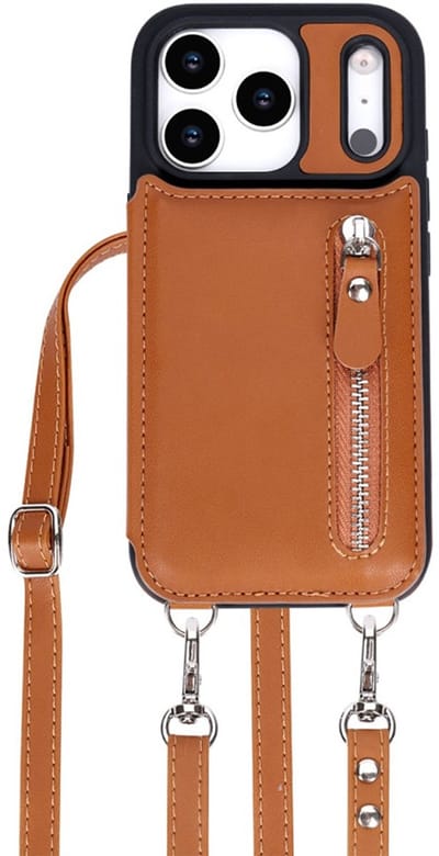 CaseBoutique Backcase hoesje geschikt voor iPhone 17 Pro - Effen Cognac - Kunstleer - Crossbody Hoesje Koord - Pasjeshouder voor 3 passen - Ritsvakje