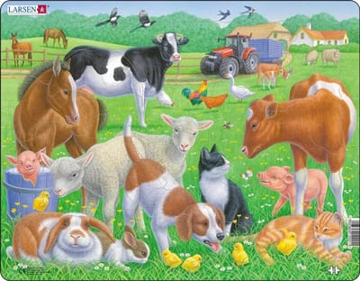 Larsen Huisdieren en boerderijdieren – Puzzel – Dieren – Huisdieren en boerderij – Educatieve legpuzzel voor kinderen – 15 stukjes – Gemaakt in Noorwegen – Extra dikke 2,5 mm stukjes – Tray met vaste rand