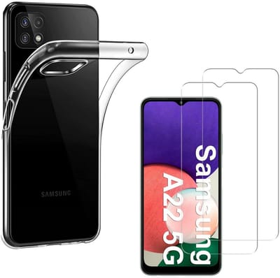 Hoesje Ultraslank geschikt voor Galaxy a22 5G backcover siliconen Transparant en 2 stuks ScreenProtector Gehard Glas