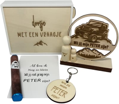 Geschenkbox wil jij mijn PETER zijn? | blauw | OFF ROAD | liefste peter | peter vragen | meter worden | peetoom vragen | peetoom worden | cadeau | geschenkdoos | giftbox
