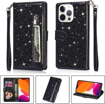 Glitter Bookcase voor Apple iPhone 13 Pro | Hoogwaardig PU Leren Hoesje | Lederen Wallet Case | Telefoonhoesje | Pasjeshouder | Zwart