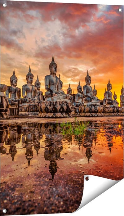 Gards Tuinposter Boeddha Beelden tijdens Zonsondergang - 60x90 cm - Tuindoek - Tuindecoratie - Wanddecoratie buiten - Tuinschilderij