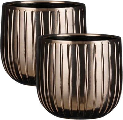 Mica Decorations Plantenpot - 2x - keramiek - brons glans / ribbels - D21 x H19 cm - bloempot Pablo