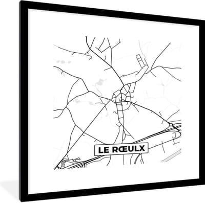 Fotolijst incl. Poster Zwart Wit- Plattegrond – Le Rœulx – Zwart Wit – Stadskaart - Kaart - België - 40x40 cm - Posterlijst