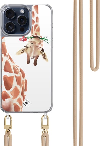 Casimoda® hoesje met beige koord - Geschikt voor iPhone 15 Pro Max - Giraffe - Afneembaar koord - TPU/polycarbonaat - Zwart