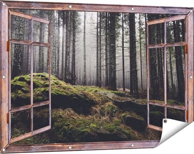 Gards Tuinposter Doorkijk Bos met Mos op Rotsen - 120x80 cm - Tuindoek - Tuindecoratie - Wanddecoratie buiten - Tuinschilderij