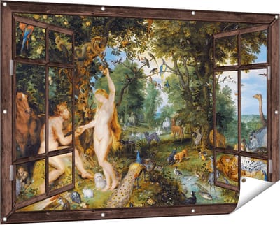 Gards Tuinposter Doorkijk Het Aardse Paradijs met de Zondeval van Adam en Eva - Jan Brueghel - 150x100 cm - Tuindoek - Tuindecoratie - Wanddecoratie buiten - Tuinschilderij