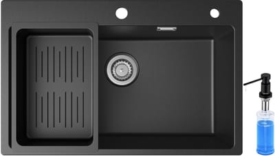 CECIPA max Granieten spoelbak 70x45cm - Spoelbak Keuken Met Zeepdispenser 300ML - Spoelbakken Met Waterafvoersysteem - Enkele spoelbak Antraciet