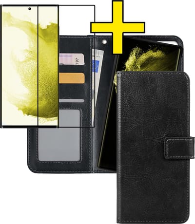 Hoesje - 2 in 1 - Geschikt voor Samsung Galaxy S22 Ultra - Met Screenprotector - En Uitneembare Hard Cover - Bookcase - Wallet Case - Met Pasjeshouder - Book Case - Uitneembaar - Pashouder - Kunstleer - Telefoonhoesjes - Zwart