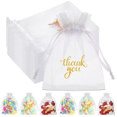 20x Organza Zakjes Met Print - Organza Met Opdruk - 10x15cm - Feestzakjes - Snoepzakjes - Cadeauzakjes - Uitdeelzakjes - Sieradenzakjes - Thank You - 10x15 cm - Wit - 20 Stuks