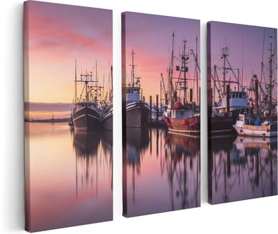 Artaza Canvas Schilderij Drieluik Schepen in de Haven - Boten - 120x80 - Foto Op Canvas - Canvas Print
