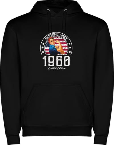 Zwarte unisex hoodie met “ Kleurrijke Awesome Since 1960 Limited Edition – Leeftijd – Verjaardag “ Print Full Color Color merk Roly maat S