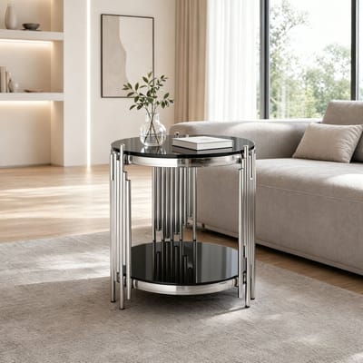 Salontafel - Ronde Salontafel met 2 Opbergniveaus - Zwart Gehard Glas & RVS Frame - Tafel voor Woonkamer, Balkon - 45 x 45 x 55 cm