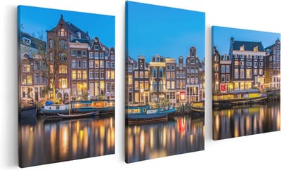 Artaza Canvas Schilderij Drieluik Amsterdamse Huisjes In De Avond Met Lichten - 120x60 - Foto Op Canvas - Canvas Print