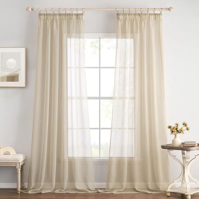 Transparant voilegordijn met lint voor krullen, transparante polyester sjaal, sjaal, decoratief, luchtig, voor slaapkamer, 2 stuks, 140 x 225 cm, lichtkaki