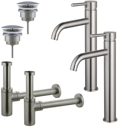 FugaFlow Eccelente Sobrado Badkamer Wastafelkraanset - voor dubbele wastafel - verhoogde wastafelkraan - always open plug - design sifon - PVD Geborsteld RVS