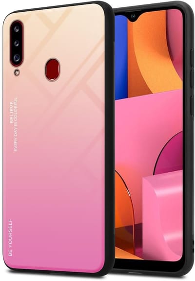 Cadorabo Hoesje geschikt voor Samsung Galaxy A20s in GEEL - ROZE - Tweekleurige beschermhoes van TPU-silicone Case Cover en achterzijde van gehard glas