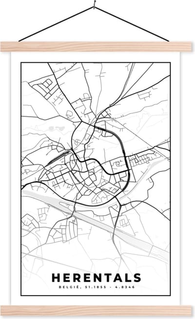 Posterhanger incl. Poster 40x60 cm - Schoolplaat - Stadskaart – Plattegrond – België – Zwart Wit – Herentals – Kaart - Textielposter - Blanke latten - Stadskaart