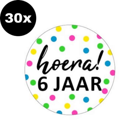 30x ZOETTT Sluitsticker Hoera 6 jaar! | NEON | 40 mm | Traktatiesticker Hoera | Cadeausticker | Sluitzegel | Sluitsticker | Traktatie - Verjaardag - Feest | Kinder traktatie