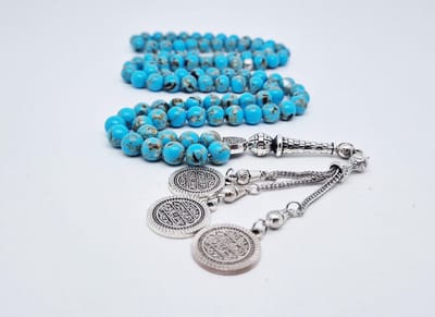 Handgemaakte tesbih natuursteen "Turkoois bakeliet" - Aantal kralen 99 - Diameter kralen 8MM - met metaal tassel "Qustantinia" - Een mooi cadeau-idee