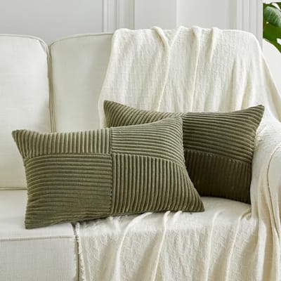 Set van 2 Olijfgroen Corduroy Kussenslopen 30x50 cm met Windmolenpatroon - Decoratieve Kussenhoezen voor Slaapkamer en Woonkamer