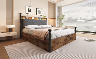 Wishdor Multifunctioneel Hemelbed 140x190 cm - Afneembaar Hemelframe - Met LED, USB-C & Hydraulische Lift - Luxe & Slim - Metaal - Zwart