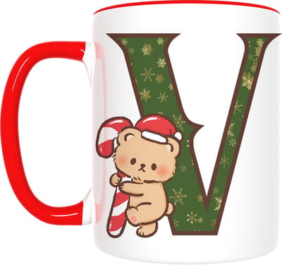 Kerst Mok met Letter V & Beer – Gezellig Cadeau met Snoepstok – Inclusief Cadeauverpakking – 350ml