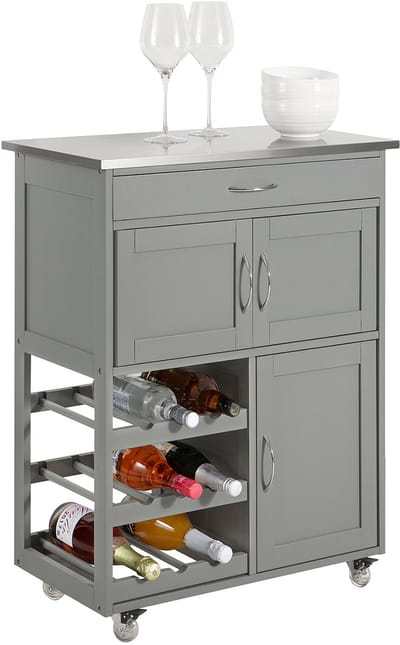 SoBuy Keukenwagen met 1 lade, 3 deuren & 3 wijn opbergplanken - Max. 60KG - 67 x 87 x 38 cm - Grijs