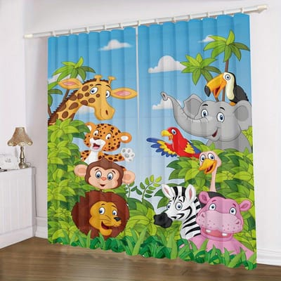 Cartoon Dier Vos Leeuw Giraf Jungle Print Gordijn Ideaal voor Slaapkamer Kantoorruimte Keuken Gordijnen Woonkamer Vloerraam Huisdecoratie 100W130H(CM)40x51in&Grommet Top