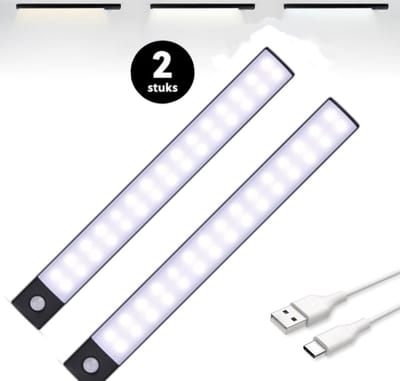 LED Kastverlichting met Bewegingssensor, USB-C Oplaadbare Led-Strip, 3 Kleurtemperaturen, Dimbaar, Draadloos, Magnetische Verlichting voor Kasten, Gangen, Slaapkamers,3.5 x 30cm, 2 stuks,Zwart