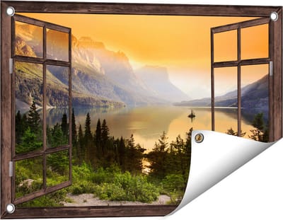 Gards Tuinposter Doorkijk Bergen met een Meer in Nationaal Park Glacier - 60x40 cm - Tuindoek - Tuindecoratie - Wanddecoratie buiten - Tuinschilderij