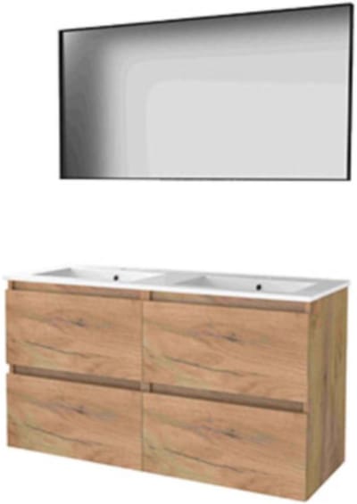 Basic-Line Framed 46 Badkamermeubelset - 120 x 46 cm - Greeploos - 4 Lades - Keramische Wastafel - 2 Kraangaten - Spiegel met Zwart Aluminium Frame - Whisky Oak