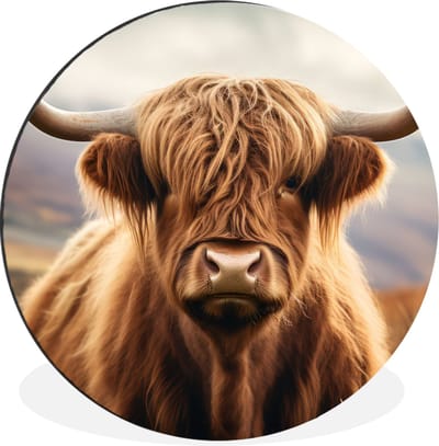 WallCircle - Wandcirkel - Muurcirkel - Schotse hooglander - Landschap - Dier - Aluminium - Dibond - 30x30 cm - Binnen en Buiten