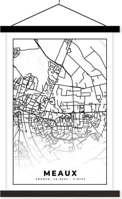 Posterhanger incl. Poster 40x60 cm - Schoolplaat - Stadskaart - Meaux - Plattegrond - Kaart - Frankrijk - Zwart wit - Textielposter - Zwarte latten - Stadskaart
