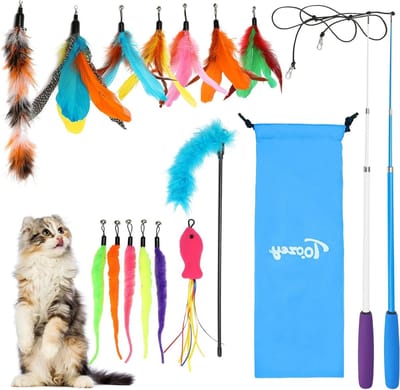 16-delige kattenhengel set met 2 uitschuifbare hengels en 14 speeltjes, veren, wormen, vissen en bellen, inclusief opbergtas
