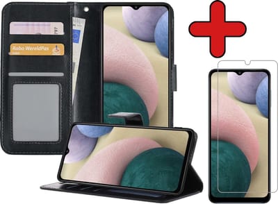 Hoesje - Met Screenprotector - Geschikt voor Samsung Galaxy A12 - Luxe Pasjeshouder - Flipcase - Bookcase Portemonee - Flip Case - Kunstleer Book Case - Book Cover - Walletcase - Portemonneehoes - Telefoonhoes - Zwart